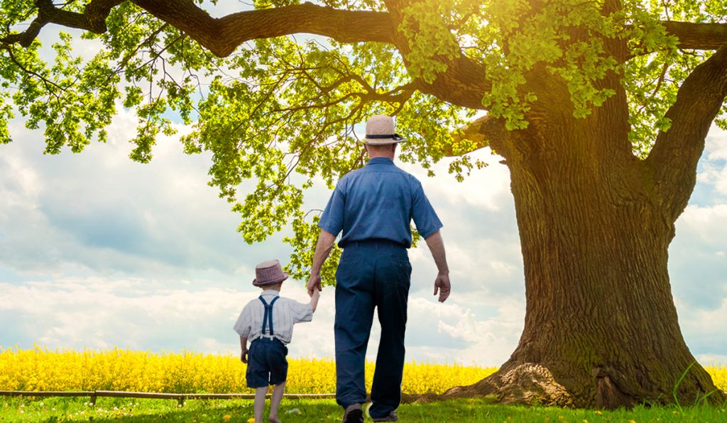 Fazendeiro de mãos dadas com a futura geração junto de uma bela árvore em sua propriedade com lavoura ao fundo