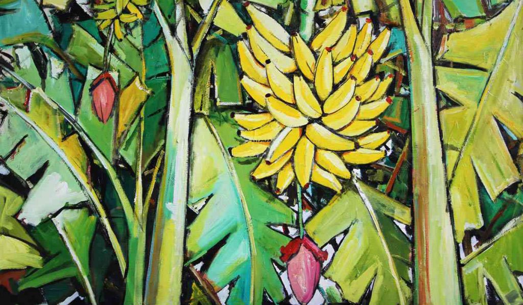 Pintura de um bananal com destaque para um cacho de bananas ao pé