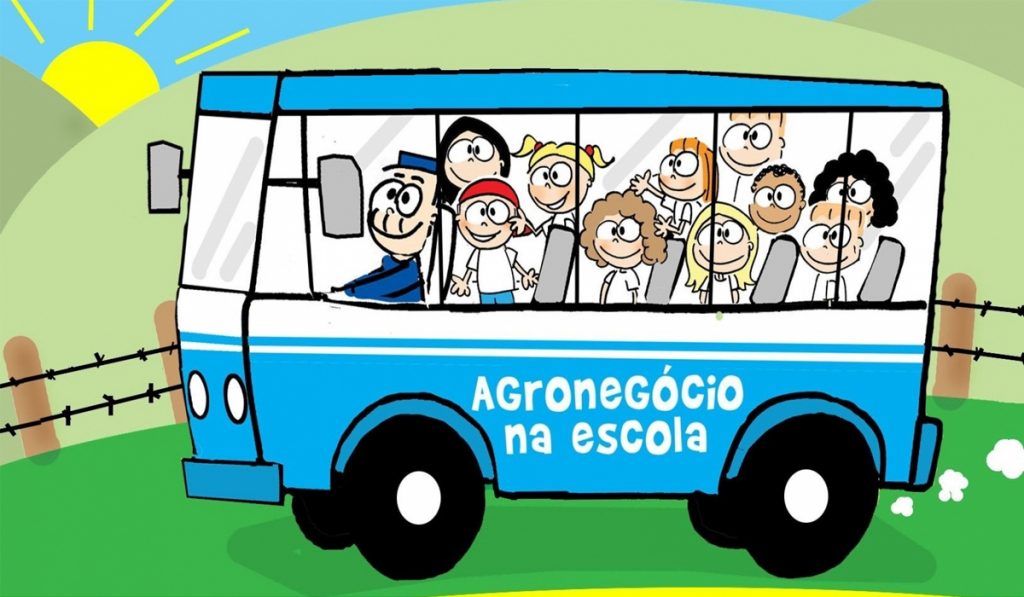 Ilustração do Programa Agronegócio na Escola ABAG/PR - Ônibus escolar com estudantes num dia ensolarado