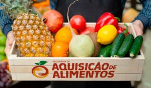 Agricultor com cesta de alimentos colhidos para o PAA