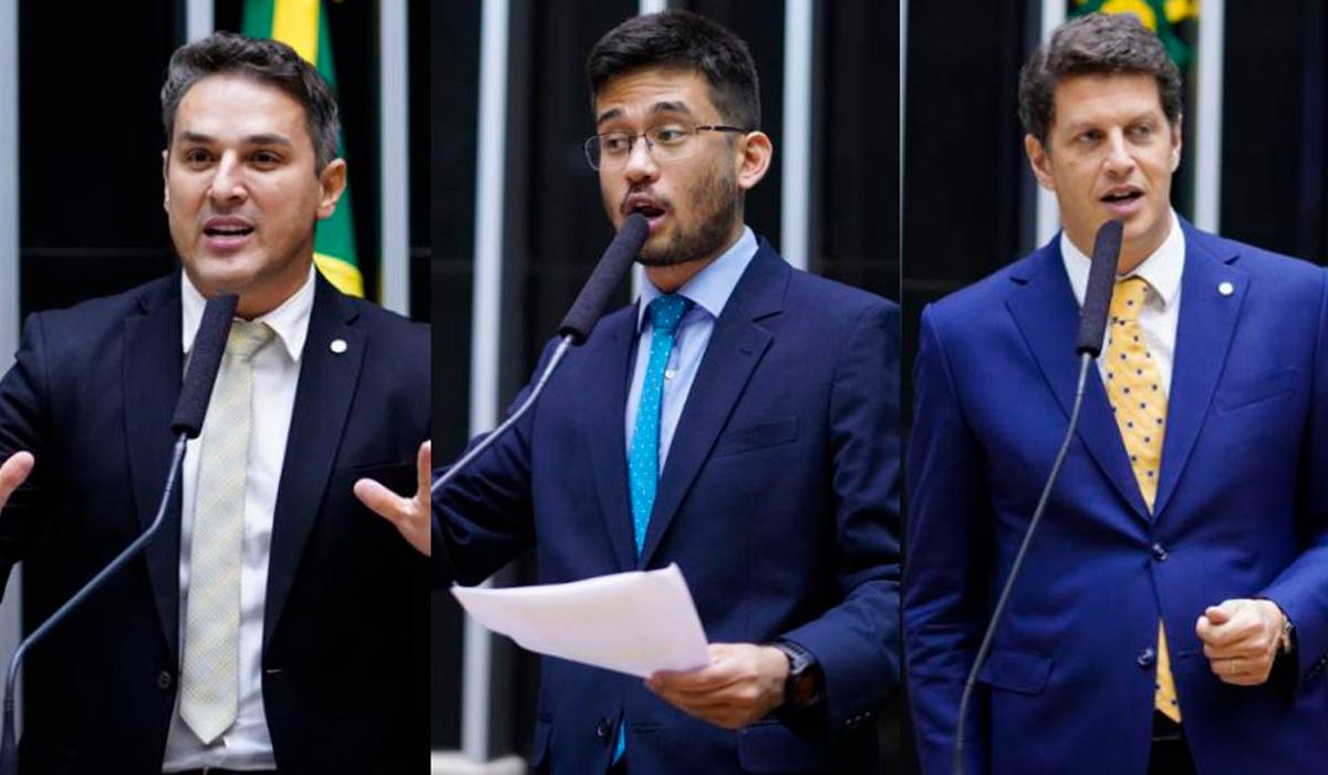 Os deputados Tenente-coronel Zucco (Republicanos-RS), Kim Kataguiri (União-SP) e Ricardo Salles (PL-SP)