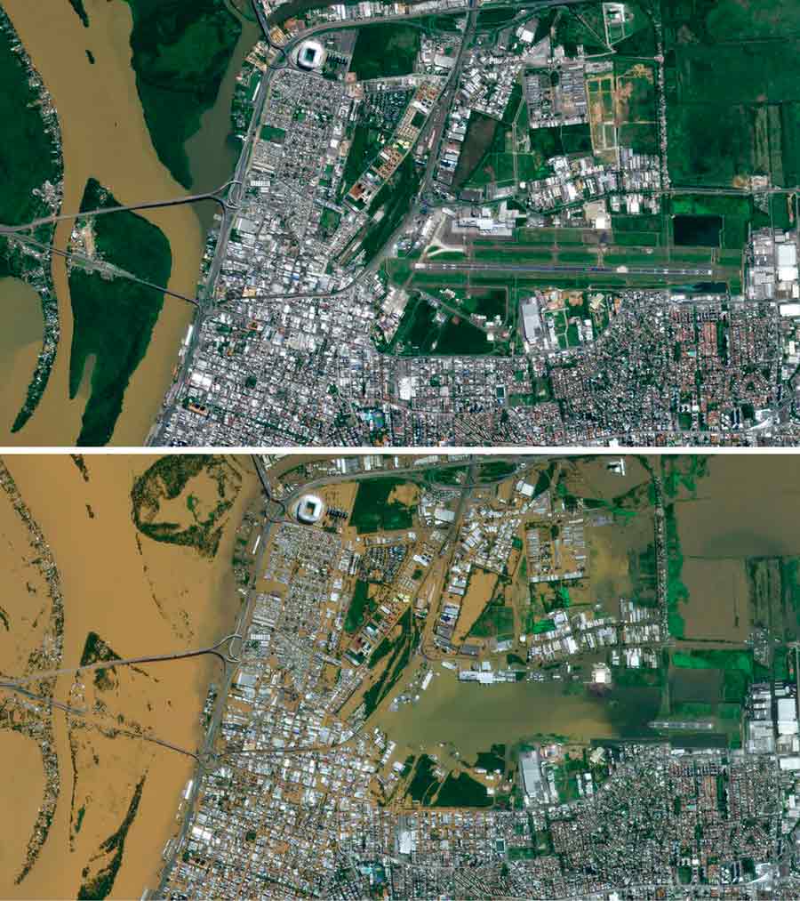 Antes e depois da cidade de Porto Alegre, capital do Rio Grande do Sul, região da ponte do Guaíba e Aeroporto Salgado Filho (Foto: HANDOUT/SATELLITE IMAGE ©2024 MAXAR TECHNOLOGIES/AFP