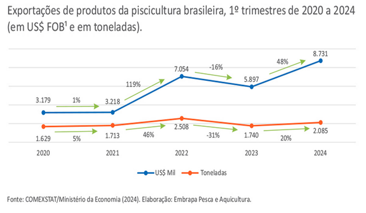 Exportações de produtos da piscicultura brasileira no 1º trimestre de 2020 a 2024