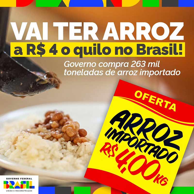 O arroz importado pelo governo será colocado no mercado a R$ 4,00 o Kg