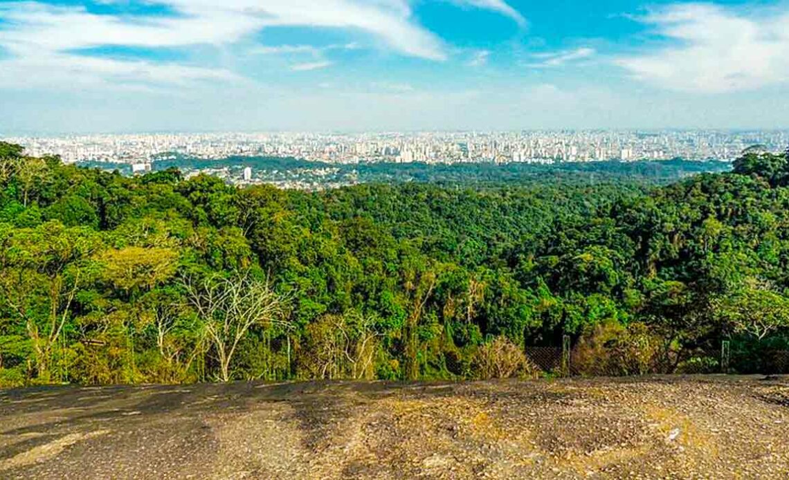 A cidade de São Paulo vista a partir da Pedra Grande, na Mata Atlântica do Parque Estadual da Cantareira, zona norte da capital, a 1.010 metros acima do nível do mar