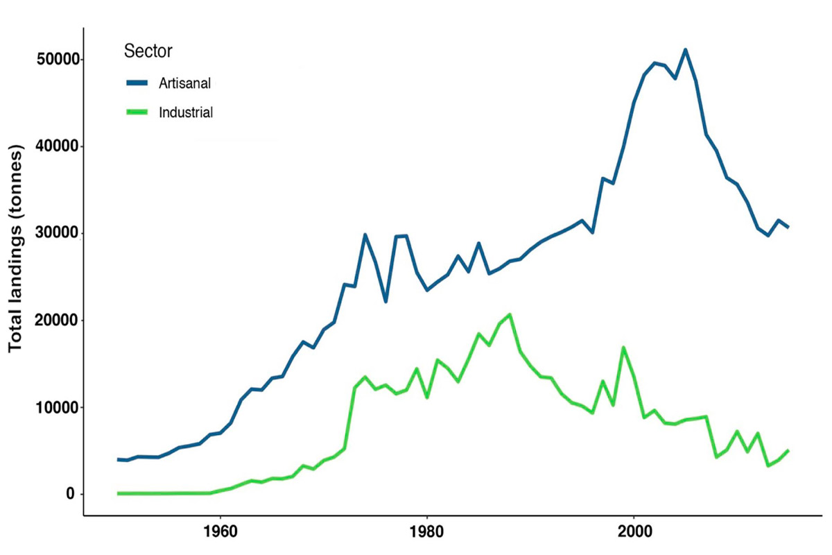 Desembarque de pescados (em toneladas) no Brasil entre 1950 e 2015, com queda registrada depois do ano 2000 - Gráfico: ReefSyn