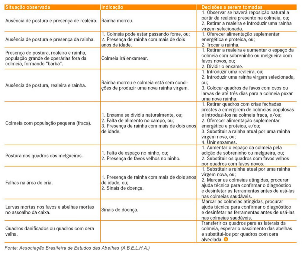 Tabela de decisões a serem tomadas em revisões de apiários