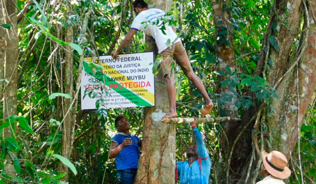 Os indígenas na operação de autodemarcação, instalando mais uma placa de aviso de terra indígena protegida