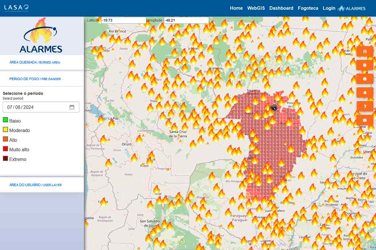 Mapa atualizado da plataforma de alarme de fogo do Laboratório de Aplicações de Satélites Ambientais da Universidade Federal do Rio de Janeiro (Lasa-UFRJ)