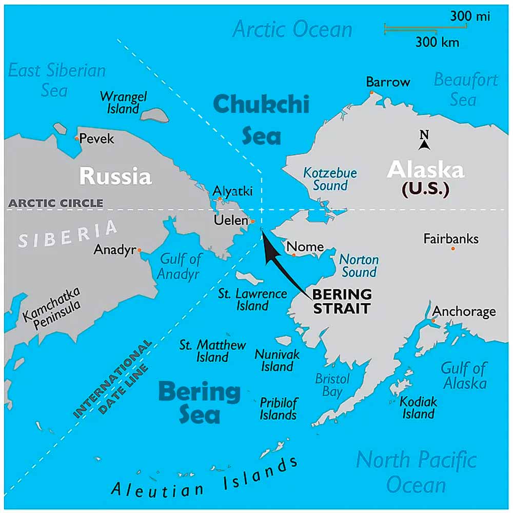 Mapa mostrando o Mar de Bering e o Mar de Chukchi