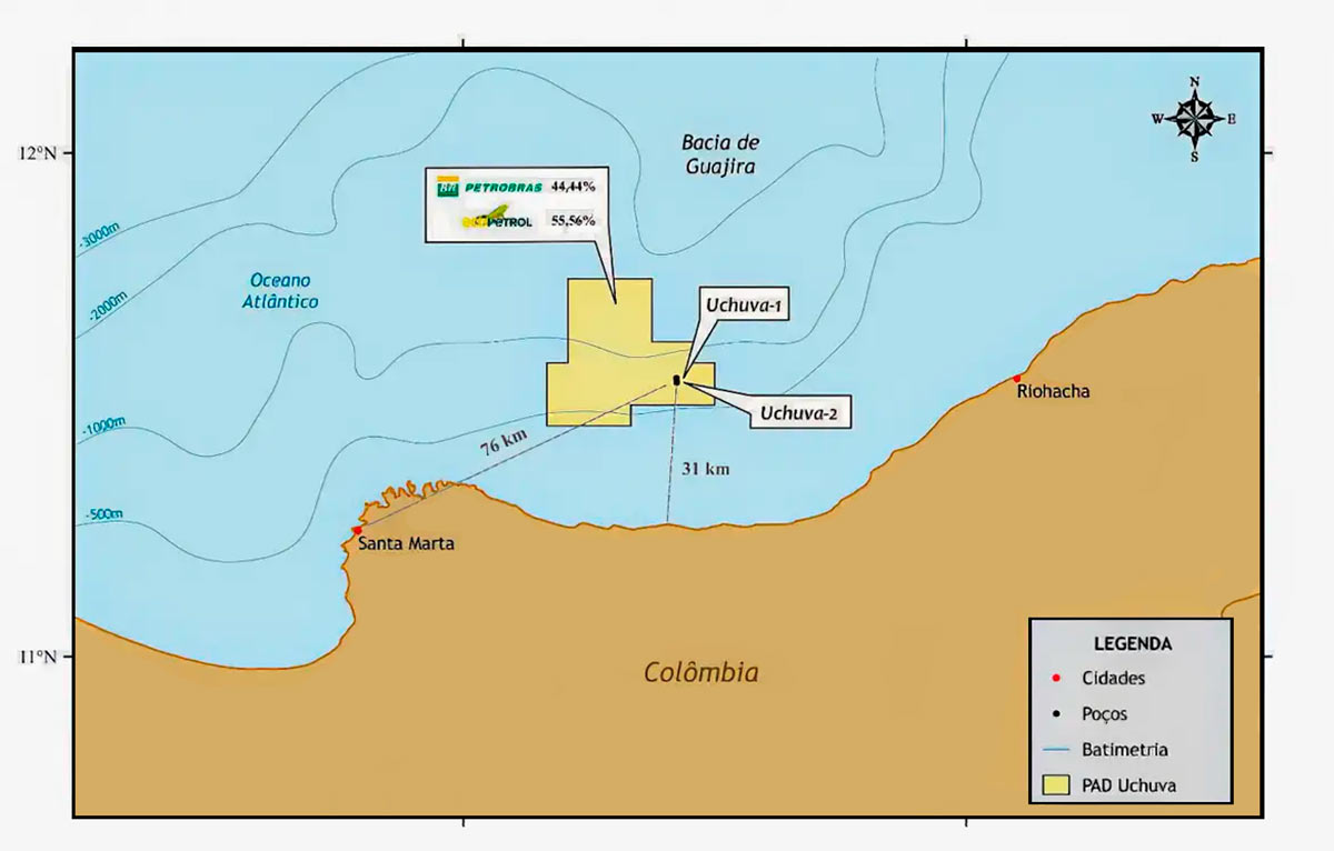 Petrobras anunciou descoberta de gás natural na Bacia de Guajira, na Colômbia, após a perfuração de um poço localizado em águas profundas, a 31 quilômetros da costa e em uma profundidade de 804 metros - Ilustração: Petrobras