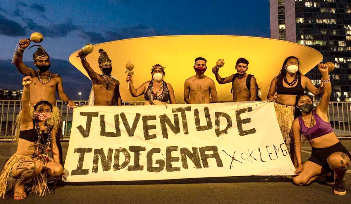 Xokleng pedem respeito a seus direitos em frente ao Congresso Nacional, em Brasília (DF), em 2021 - Foto: Leopoldo Silva/Agência Senado