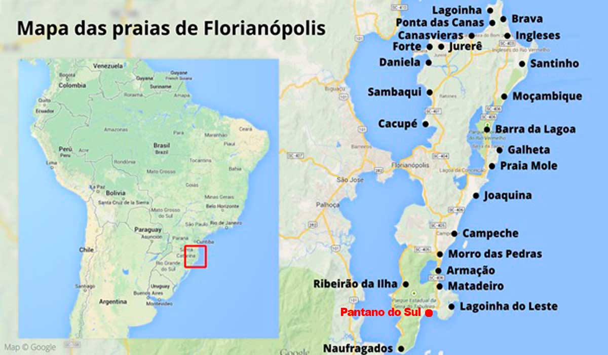 Mapa das praias de Florianópolis com destaque em vermelho para a mais poluído do Brasil, Pantano do Sul