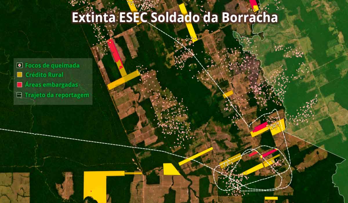 Região que chegou a ser destinada para unidade de conservação, entre Porto Velho e Cujubim, em Rondônia, concentra fazendas embargadas com crédito rural ativo - Fonte: CAR/Ibama/BC/Inpe