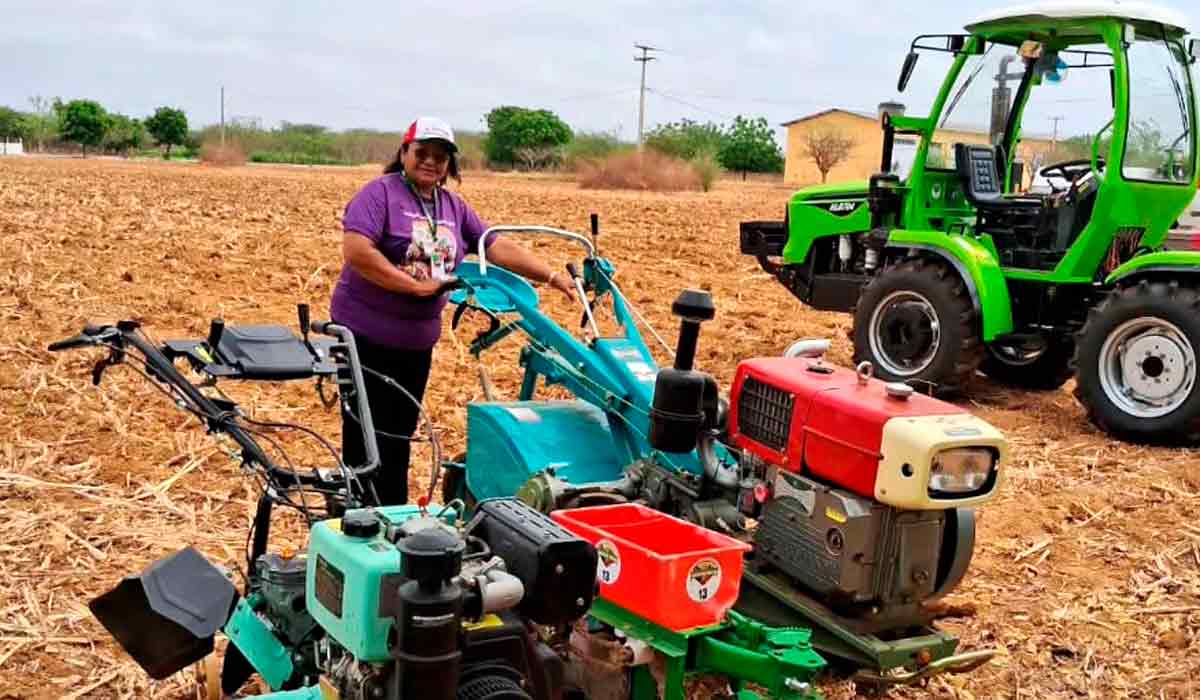 Agricultora com máquinas para a agricultura familiar