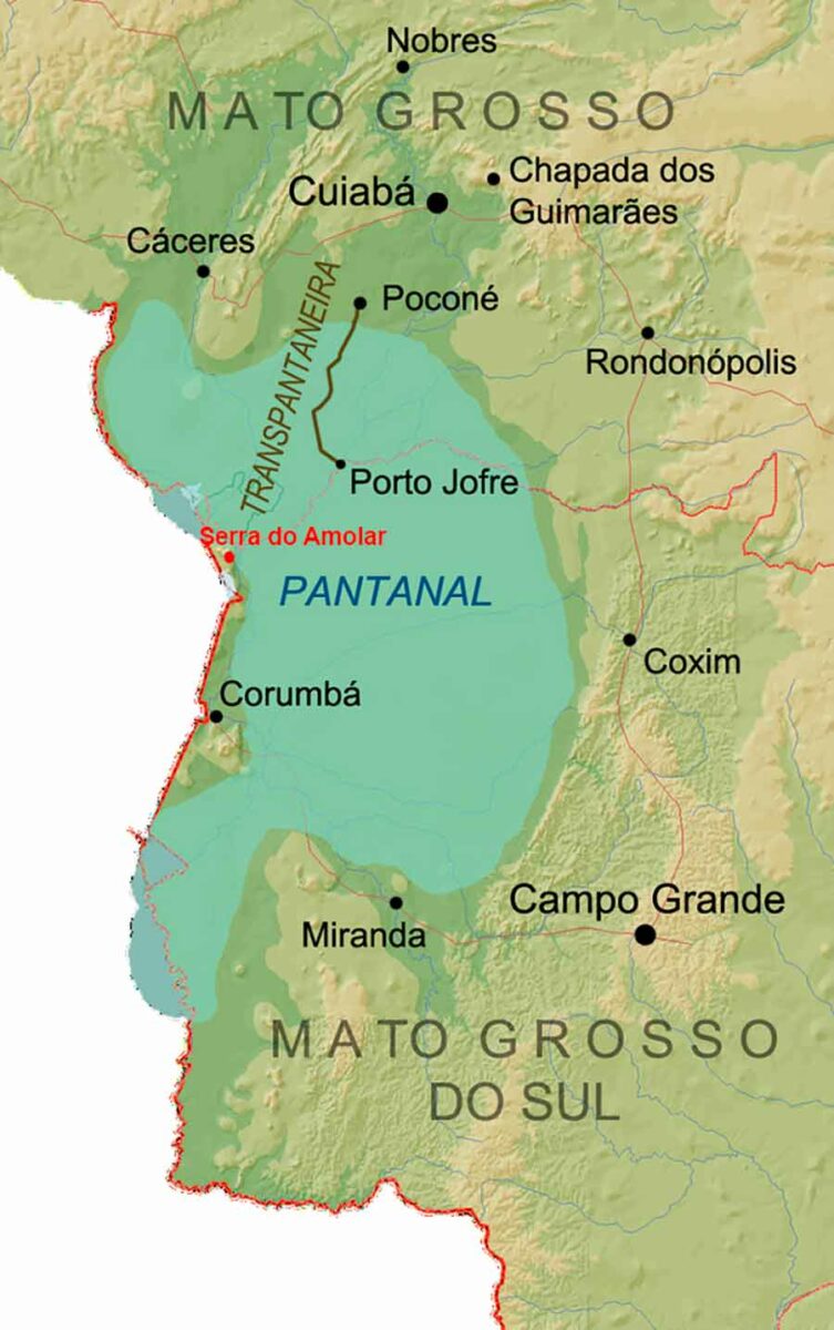 Mapa do pantanal, com destaque para a Serra do Amolar em vermelho