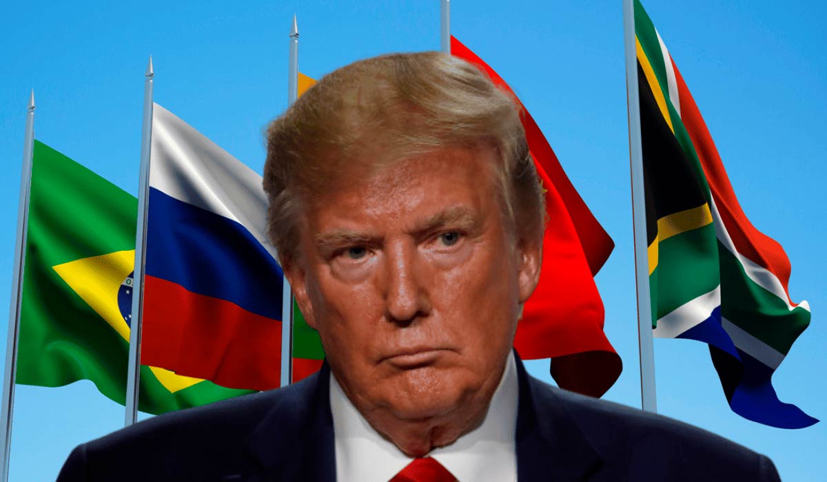 Ronald Trump e as bandeiras dos membros do BRICS ao fundo