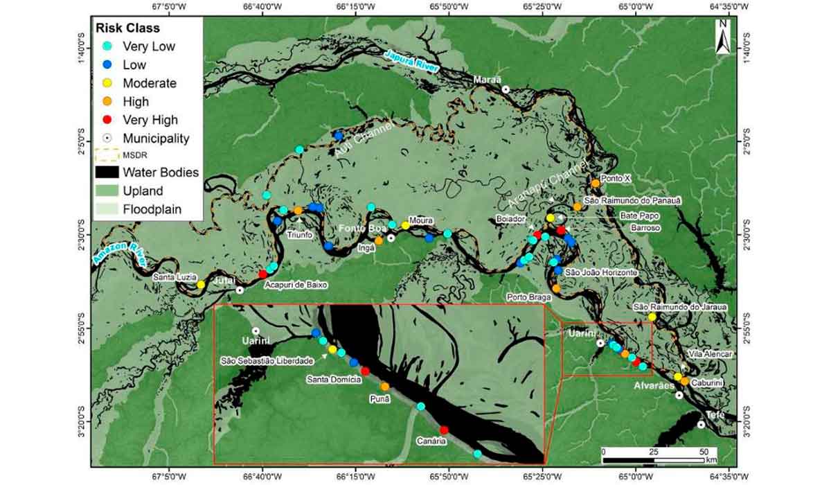 Mapa de risco das comunidades na Reserva Mamirauá